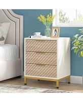 Tribesigns Nightstand for Bedrooms, White and Gold Light Wood Grain Nightstand with 3 Drawers, End Tables Storage for Living Room