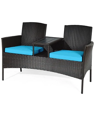 Gymax Patented Rattan Wicker Patio Conversation Set w/ Loveseat Table Cushion