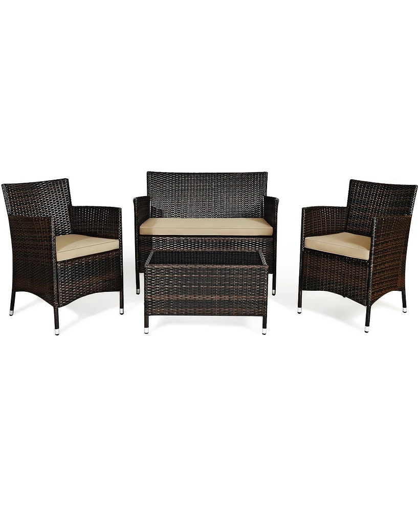 Gymax 4 Pcs Patio Garden Rattan Furniture Set Coffee Table Cushioned Sofa Brown