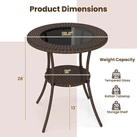 Gymax 25.5'' Pe Wicker Patio Bistro Table Round Coffee Table w/ Tempered Glass Top Outdoor