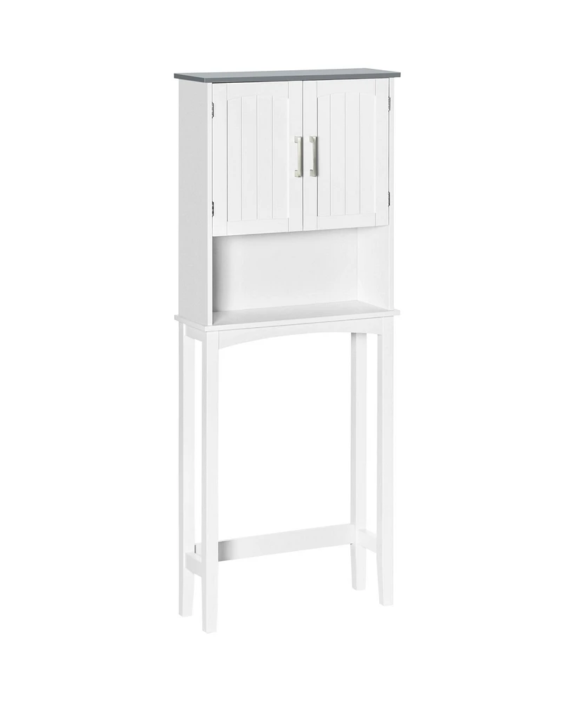 Kleankin Modern Over The Toilet Storage Cabinet, Double Door Over Toilet Bathroom Organizer with Adjustable Shelf and Open Shelf, White