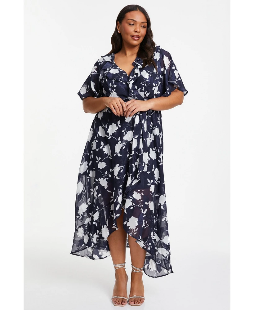 Quiz Plus Stencil Floral Wrap Frill Sleeve Midi Dress