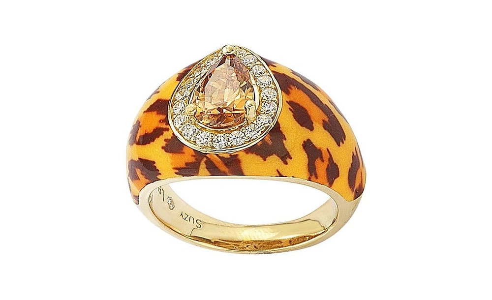 Suzy Levian Sterling Silver Cubic Zirconia Brown Pear-cut Animal Print Ring