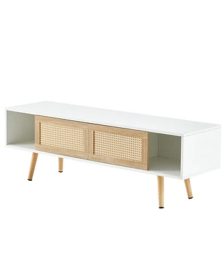 Simplie Fun White Rattan Tv Cabinet with Sliding Doors & Adjustable Shelf