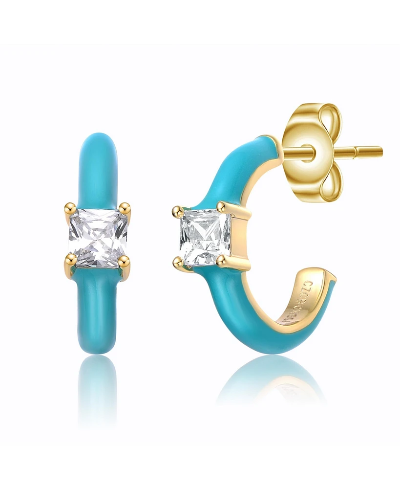 GiGiGirl 14k Yellow Gold Plated with Cubic Zirconia Blue Turquoise Enamel C-Hoop Earrings for Kids