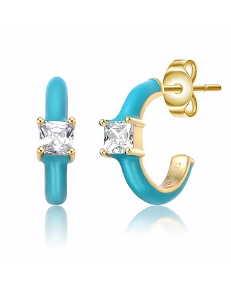 GiGiGirl 14k Yellow Gold Plated with Cubic Zirconia Blue Turquoise Enamel C-Hoop Earrings for Kids