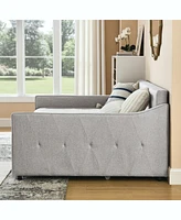 Simplie Fun Full Size Daybed With Twin Size Trundle Upholstered Tufted Sofa Bed, Waved Shape Arms, Beige