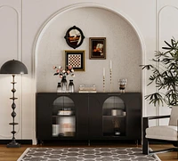 Black Lacquered Wooden Accent Cabinet with Glass Doors, 4-Door Storage Buffet