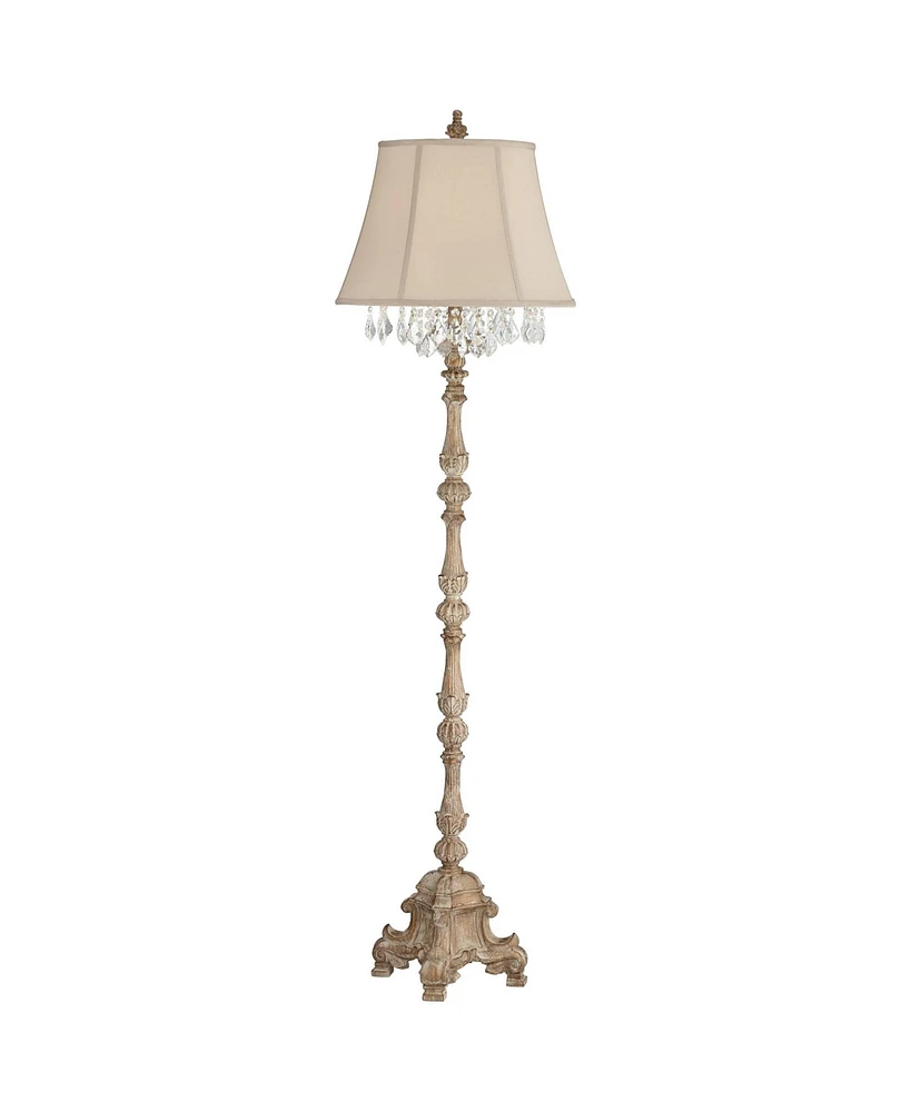 Barnes and Ivy Duval French Vintage Traditional Standing Floor Lamp 63.5" Tall Distressed Candlestick Crystal Glass Beading Cream Bell Shade Decor for