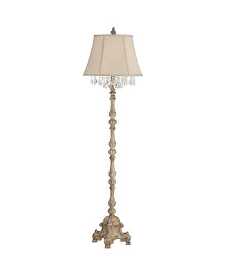 Barnes and Ivy Duval French Vintage Traditional Standing Floor Lamp 63.5" Tall Distressed Candlestick Crystal Glass Beading Cream Bell Shade Decor for