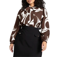 Eloquii Women's Printed Tie Neck Blouse