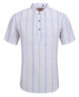 Suslo Couture Men's Linen Stripped Banded Collar Button Up