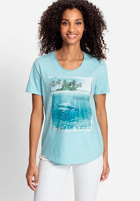 Olsen Women's 100% Cotton Short Sleeve Dolphin Placement Print Tee