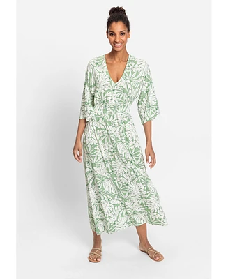 Olsen Women's 4/5 Sleeve Palm Print Midi Dress