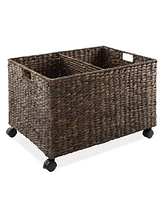 Casafield Rolling Storage Basket Cart with Lid and Wheels, Natural - Woven Water Hyacinth Divided Sorting Bin for Kitchen, Pantry, Laundry, Garage