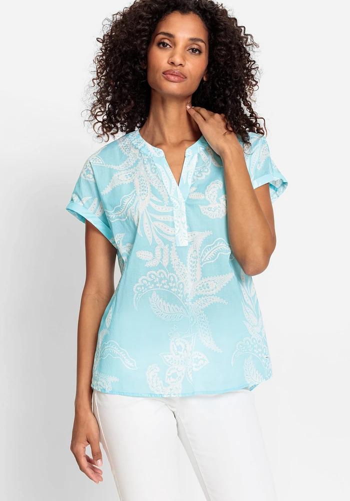 Olsen Women's 100% Cotton Short Sleeve Paisley Tunic Blouse