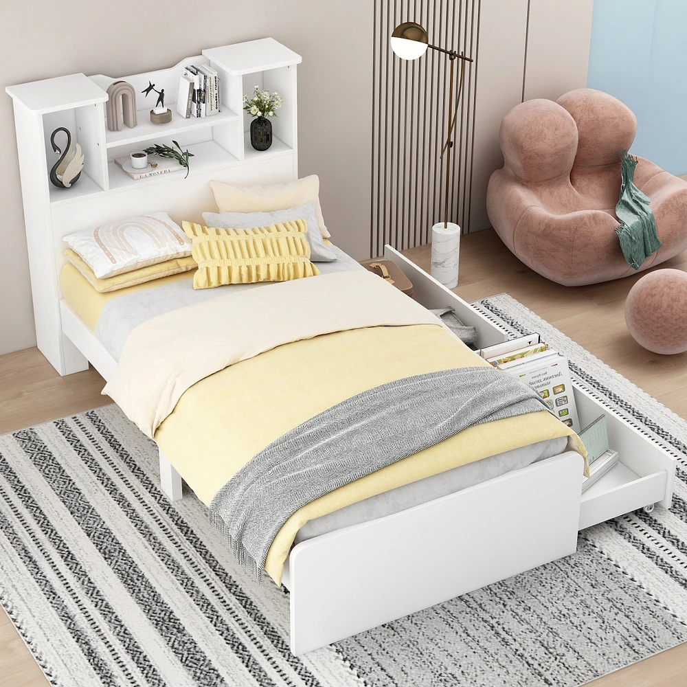 Streamdale Furniture Twin Size Storage Platform Bed Frame With 4 Open Storage Shelves And 2 Storage Drawers, Led Light