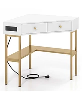 Costway Corner Desk with Built-in Charging Station Storage Drawers & Open Shelves Office