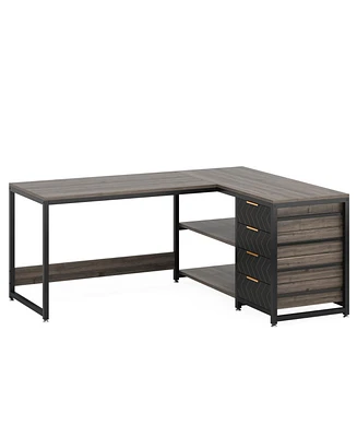 Tribesigns L Shaped Computer Desk with Storage Drawers, 59 inch Corner Desk with Shelves, Reversible L-Shaped Office Desk Writing Table Workstation fo