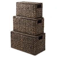 Casafield Set of 3 Water Hyacinth Storage Baskets with Lids, Natural - Small, Medium, Large