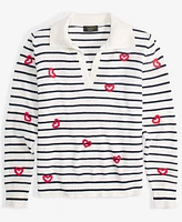 Charter Club Women's Cashmere Striped Heart-Embroidered Polo Sweater, Created for Macy's