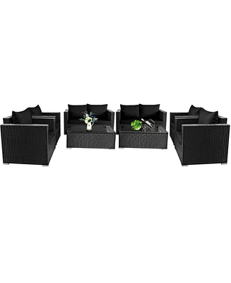 Gymax 8PCS Rattan Patio Conversation Set Outdoor Furniture Set w/ Black Cushions