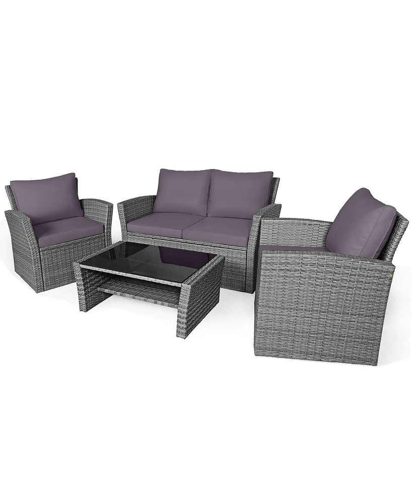 Gymax 4PCS Patio Rattan Conversation Set Outdoor Furniture Set w/ Grey Cushions