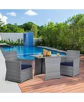 Gymax 3PCS Outdoor Rattan Conversation Set Patio Dining Table Set w/ Navy Cushions