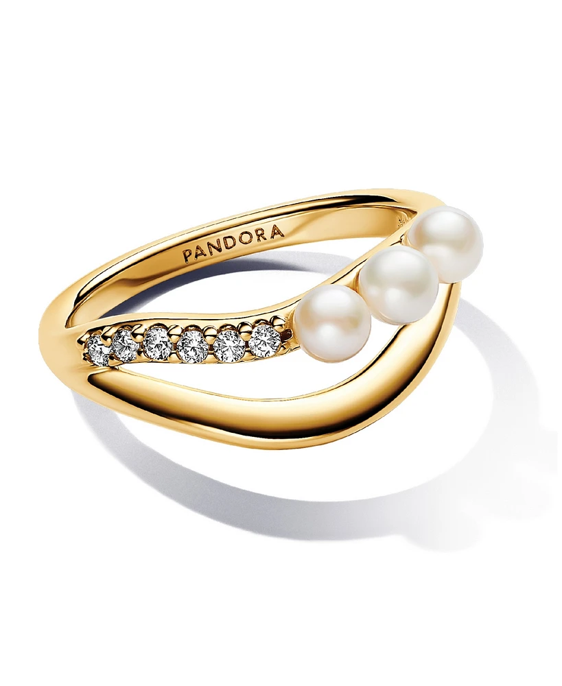 Pandora Treated Freshwater Cultured Pearl Shaped Double Band with Clear Cubic Zirconia Stone Ring 14k Gold-plated
