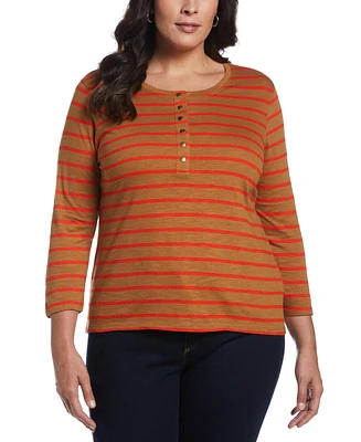 Ella Rafaella Plus cotton Knit 3/4 Sleeve Henley Top