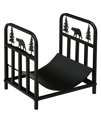 Outsunny Indoor Outdoor Firewood Rack w/ Bear Theme, Black