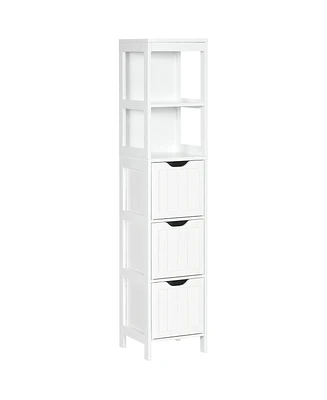 Kleankin Narrow Bathroom Cabinet with 3 Drawers and 2 Tier Shelf, Tall Cupboard Freestanding Linen Towel, Slim Corner Organizer, White