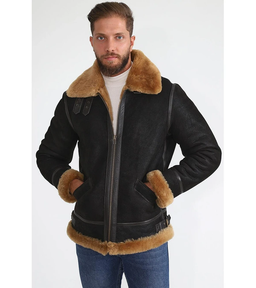 Furniq Uk Men's Shearling Aviator Jacket, Washed Dark Brown with Ginger Wool