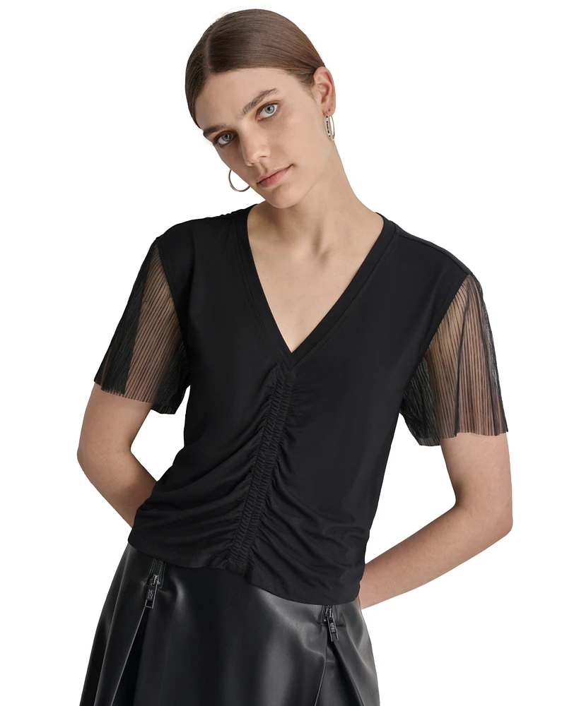 Dkny Women's Ruched Mesh-Sleeve Top