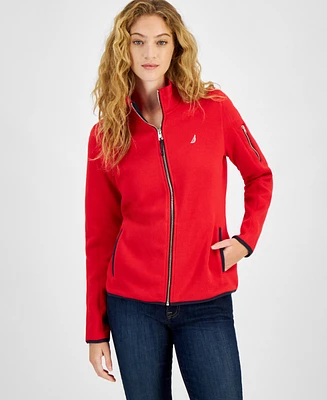 Nautica Jeans Women's Piping-Trim Sweater-Fleece Jacket