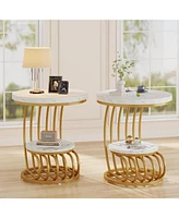 Tribesigns Gold Round End Table: 2 Tiers Side Table Set of 2 with Storage Shelf, Modern White Gold Bedside Nightstand, Metal Faux Marble Accent Table
