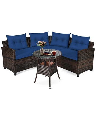 Gymax 4PCS Patio Furniture Set Outdoor Rattan Sectional Sofa Set w/ Navy Cushions