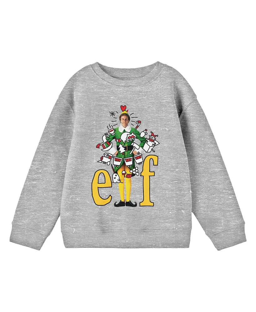 Elf Boys Doodle on Buddy With Title Logo Youth Heather Gray Crew Neck Sweatshirt