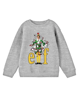 Elf Boys Doodle on Buddy With Title Logo Youth Heather Gray Crew Neck Sweatshirt