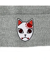 Demon Slayer Men's Tanjiro Fox Mask Athletic Heather Skull Knitted Embroidered Cuffed Winter Beanie