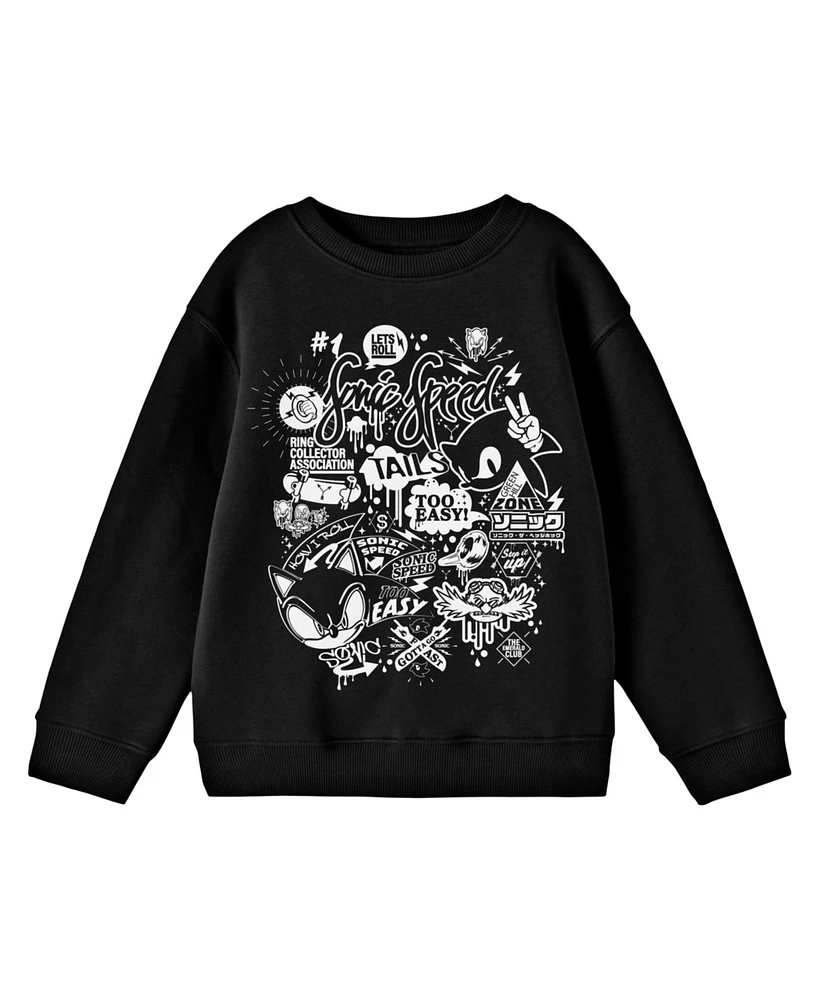 Sonic The Hedgehog Boys Bioworld "Let's Roll" Monochrome Street Art Youth Black Crew Neck Sweatshirt