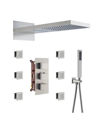 Mondawe 22" Wall Mounted Thermostatic Luxury Shower System Set with Handheld Spray & 6 Body Jets, Brushed Gold