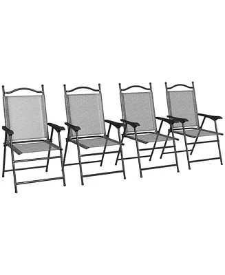 Outsunny Set of 4 Folding Patio Chairs with Armrest, Mesh Fabric, Brown