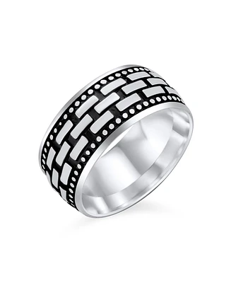 Bling Jewelry Classic Men's Wide Brick Chain Ring Band For Men Solid Blackened Oxidized .925 Sterling Silver Beaded Edge Handmade Turkey
