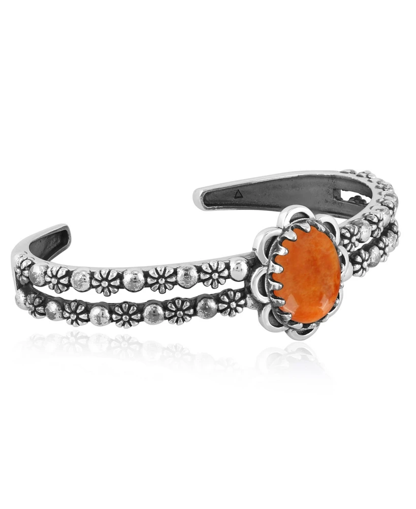 American West Jewelry Southwestern Wildflower Orange Spiny Oyster Sundance Sterling Silver Double Row Cuff Bracelet, Small - Large