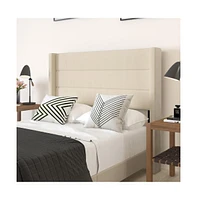 Merrick Lane Percy Modern Platform Bed With Padded Channel Stitched Upholstered Wingback Headboard And Underbed Clearance