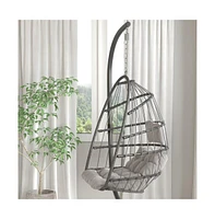 Merrick Lane Riley Foldable Woven Hanging Egg Chair With Removable Cushion And Stand For Indoor Outdoor Use