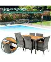 7 Pieces Patio Acacia Wood Cushioned Pe Rattan Wicker Dining Set