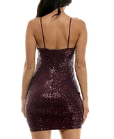 Emerald Sundae Juniors' Sequin Drape-Hem Bodycon Mini Dress