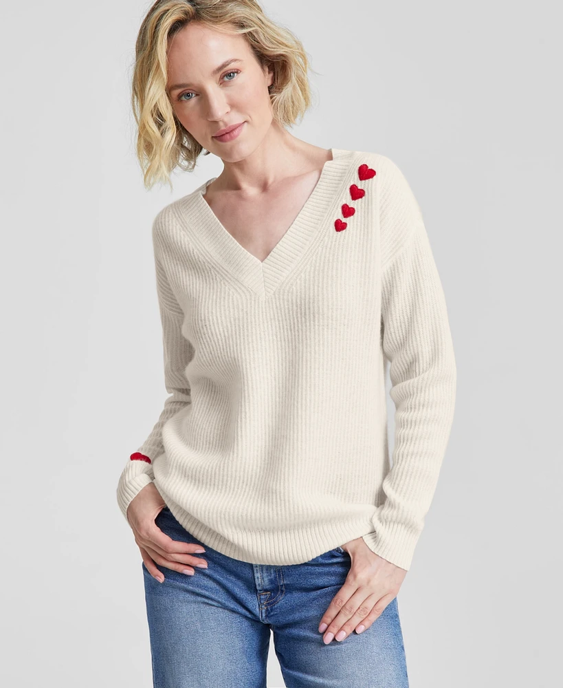 Charter Club Women's Cashmere Ribbed Heart-Embroidered V-Neck Sweater